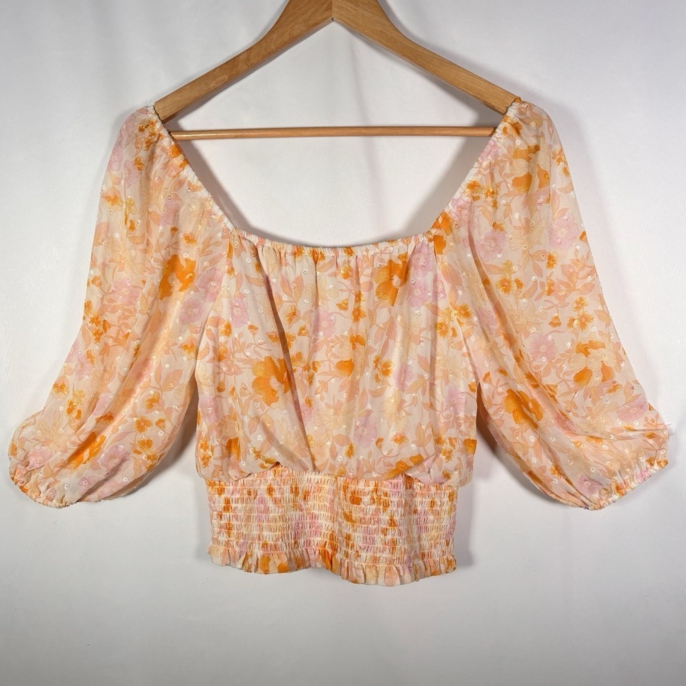 Lush Cottage Crop Top Womens Small Sheer Smocked Milkmaid Floral Peasant Boho